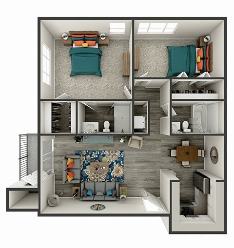 Floor plan for 2 beds, 2 baths, 970 sqft